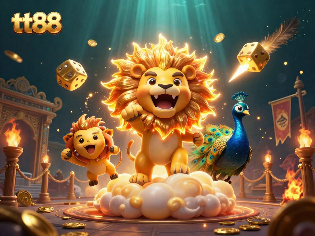 Engage with tt88 in a vibrant and dynamic 3D casino scene featuring roaring lion and golden dice.