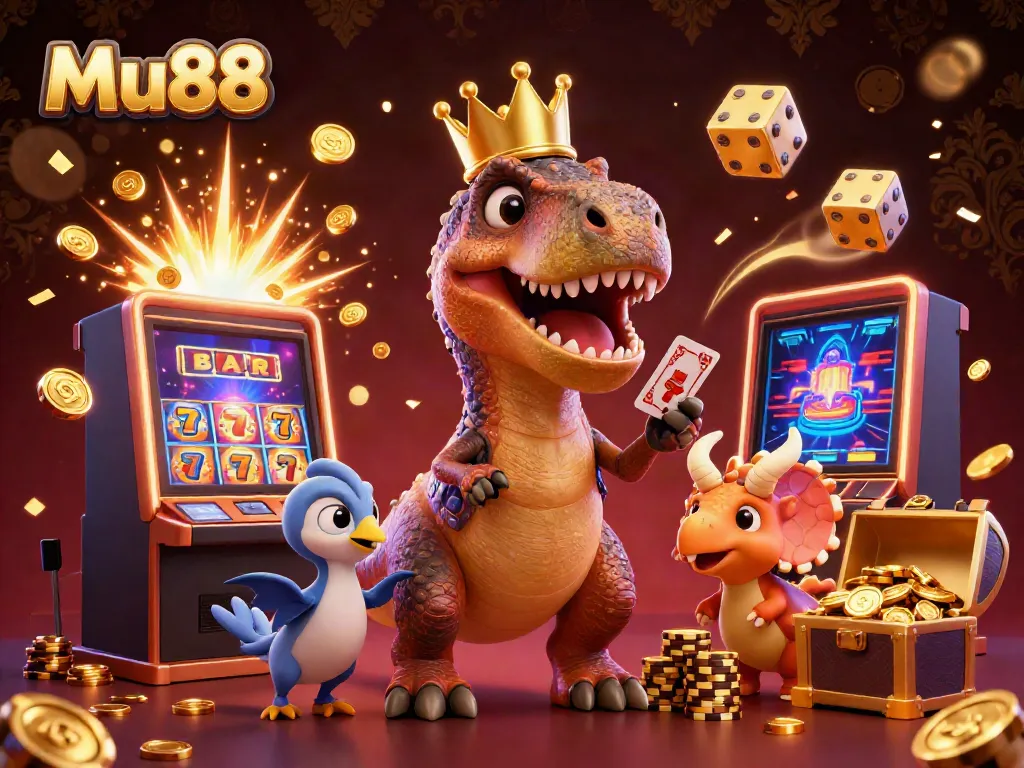 Experience Mu88 with a friendly dinosaur dealing cards and a triceratops stacking chips in a vibrant casino scene.