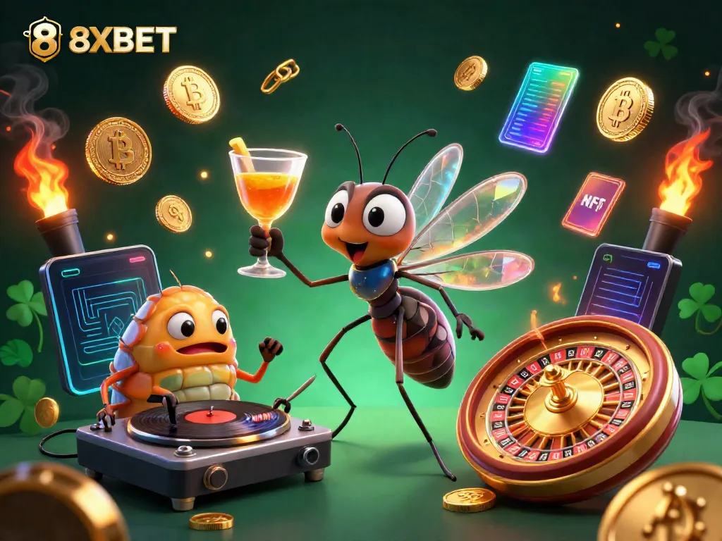 Engage in thrilling casino action with 8XBET's vibrant characters and crypto elements in captivating illustration.