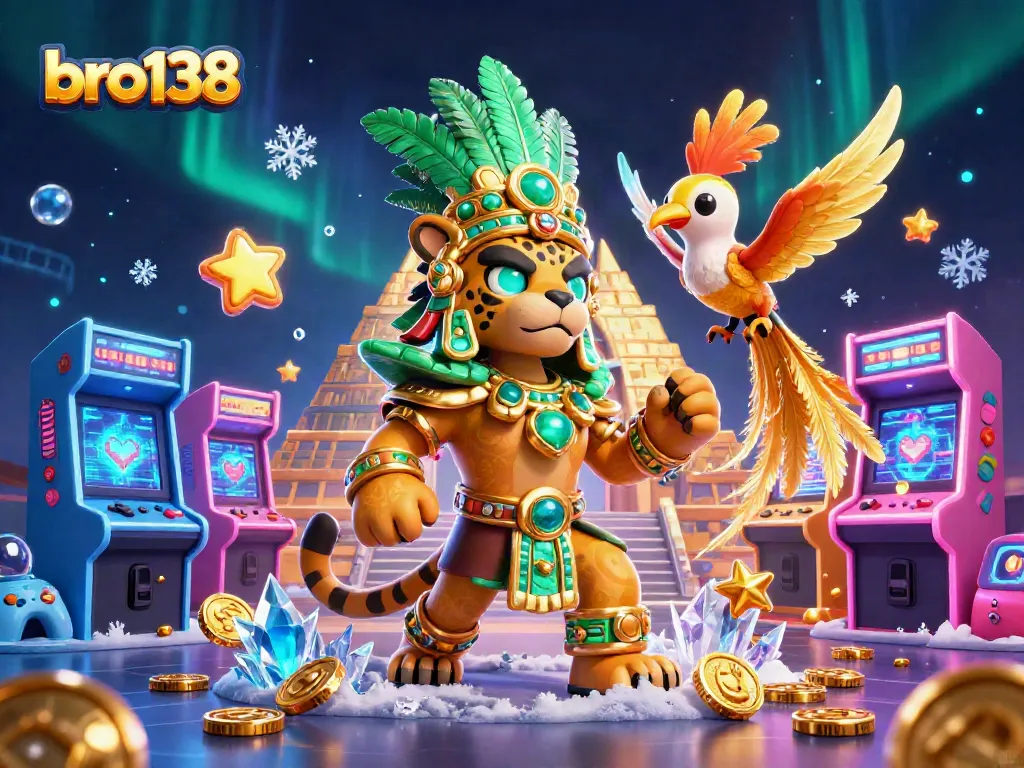 Engage in thrilling gaming adventures with bro138's dazzling casino elements in a vibrant digital illustration.
