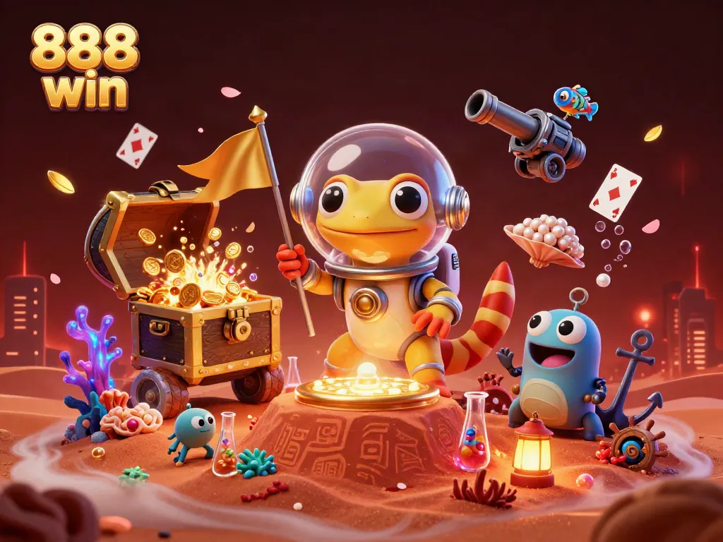 Experience thrilling wins with 888 win in a vibrant Mars-themed 3D casino illustration.