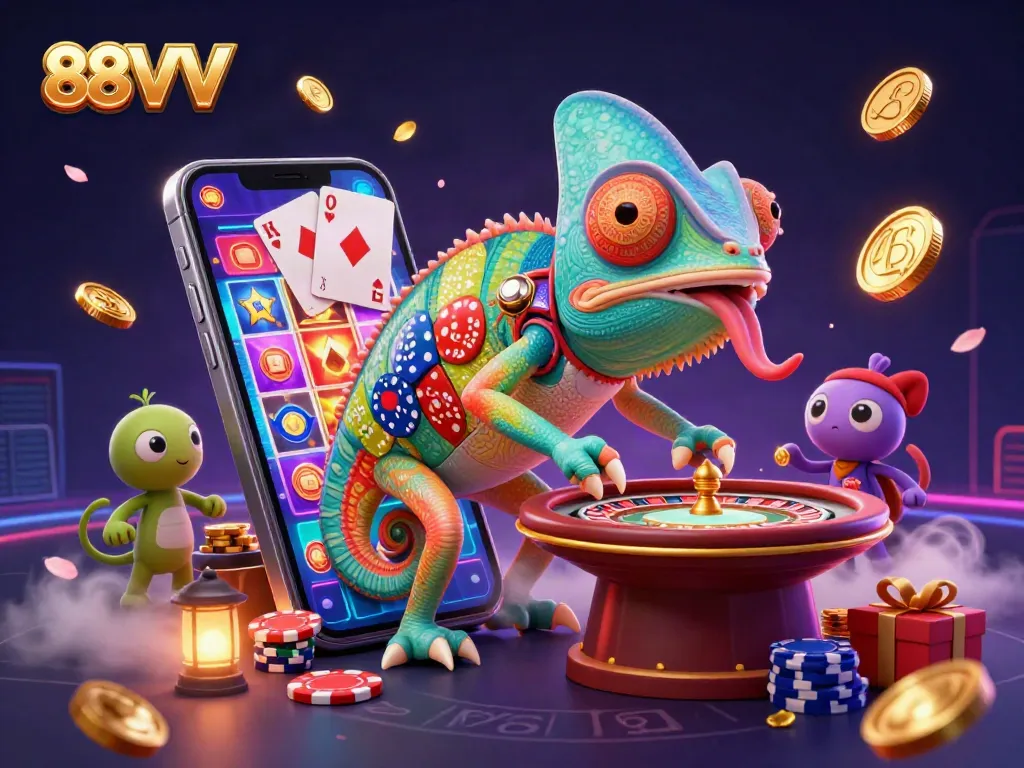 Experience thrilling gameplay with 88VV's chameleon casino owner capturing golden coins in vibrant settings.