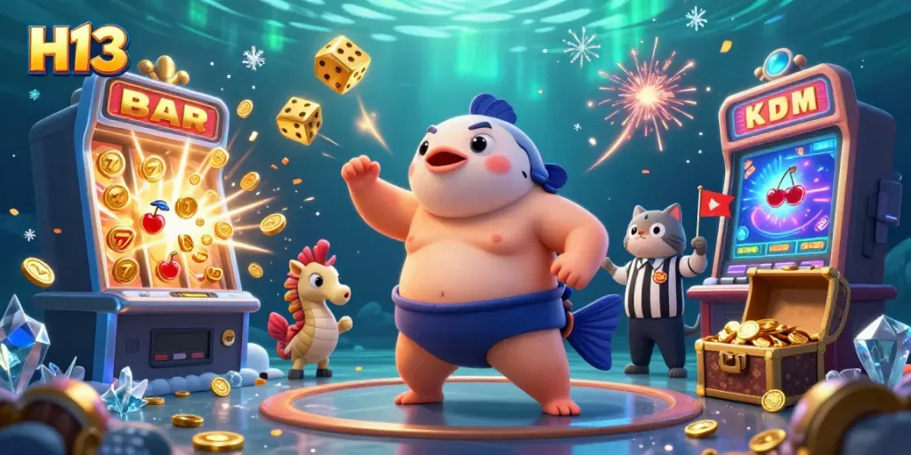 Experience H13's underwater casino with vibrant characters amid joyful jackpot celebrations.