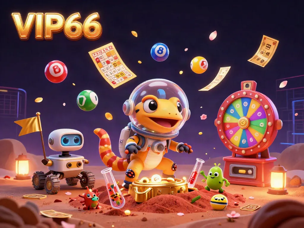 VIP66 offers an exciting experience with a Martian gecko discovering a golden casino amid colorful lottery balls.