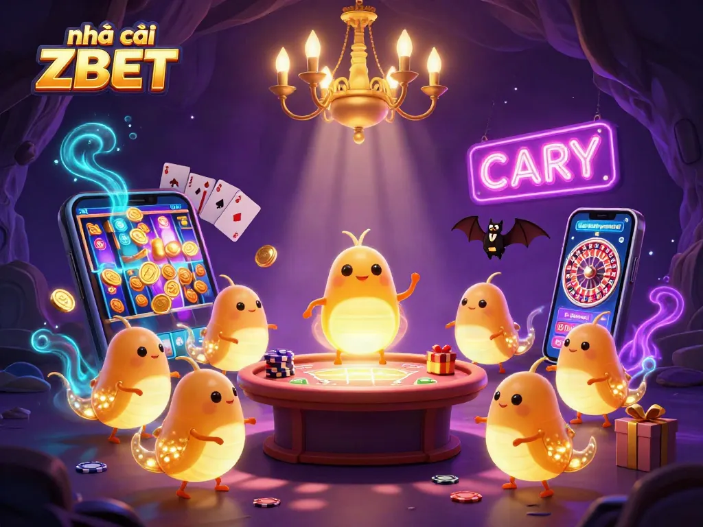 Engage with nhà cái ZBET in a vibrant casino scene illuminated by bioluminescent glowworms and a bat dealer.