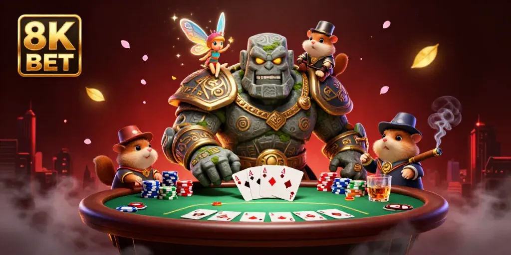 Engaging scene showcasing the magic of 8K BET with a golem, fairy, and hamster knight surrounded by poker elements.