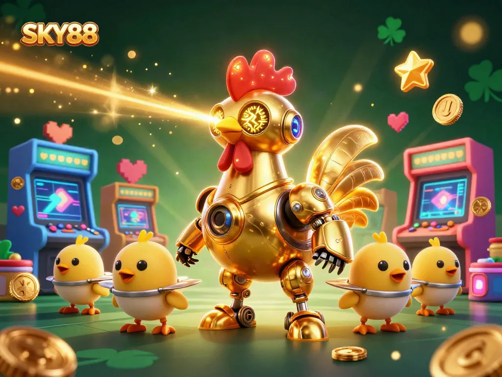 Engage with SKY88 for thrilling gameplay featuring our golden rooster robot and baby chick drones.