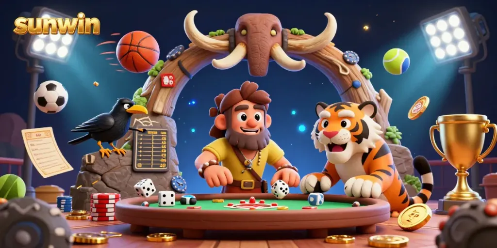 Experience thrilling gaming action at sunwin with a prehistoric casino featuring dynamic characters and vibrant elements.