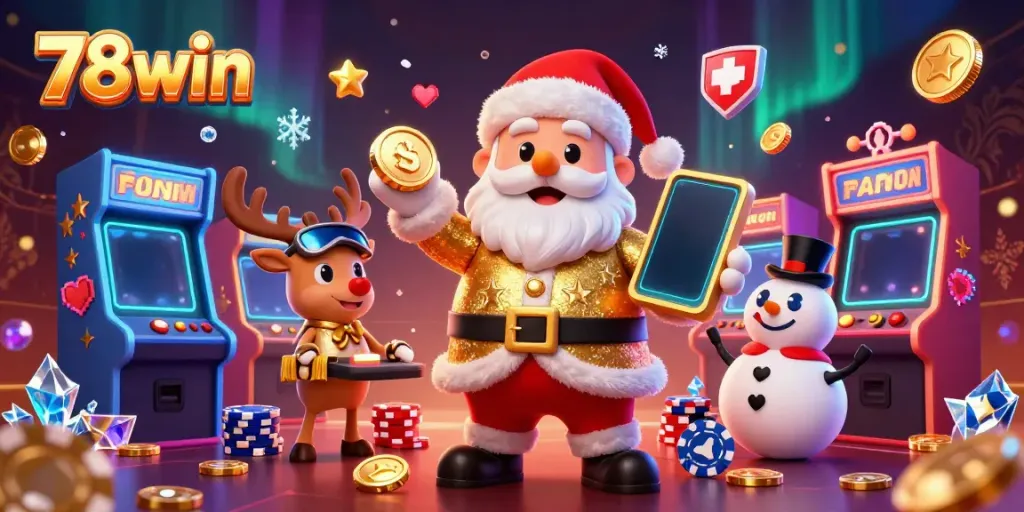 Experience thrilling games with 78win in a vibrant casino atmosphere showcasing festive characters.