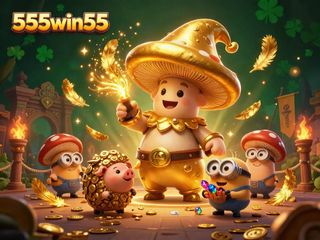 Engage in thrilling gameplay with 555win55, featuring a golden mushroom wizard and treasure hunting pig in an enchanting casino scene.