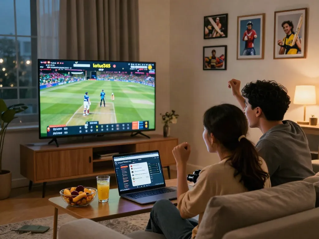 lotus365 sports betting scene with couple cheering during cricket match in cozy living room