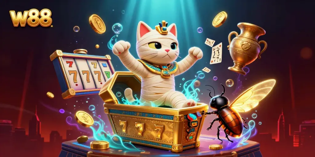 Experience thrilling gameplay with w88's vibrant casino atmosphere featuring a lively mummy cat and dynamic slot elements.