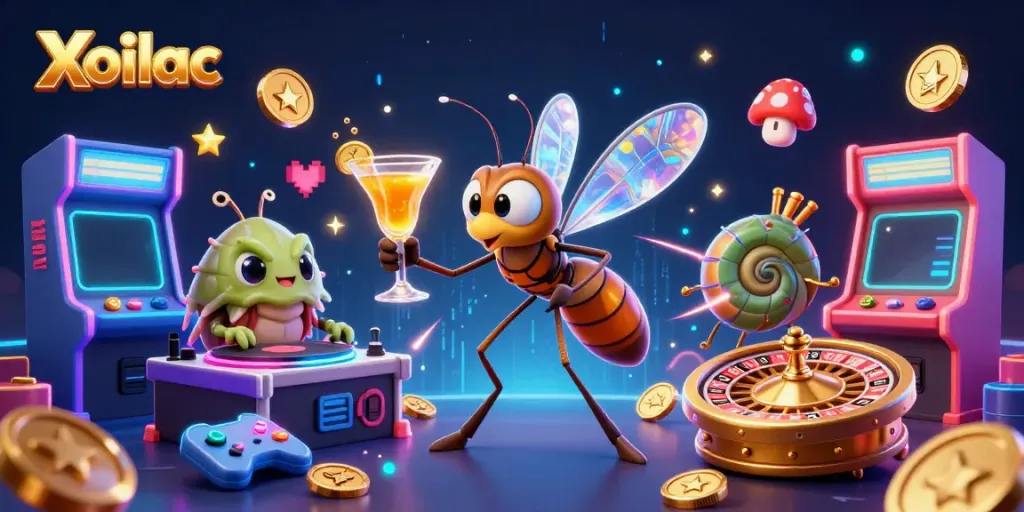 Experience the excitement of Xoilac with a vibrant 3D casino scene showcasing fun gaming elements.
