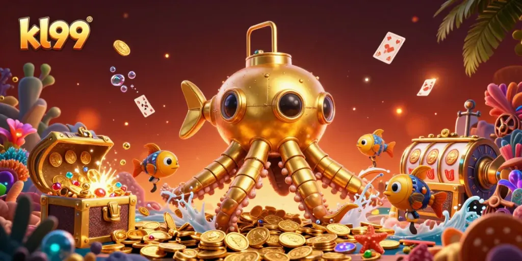 Join the adventure with KL99's golden kraken in a vibrant casino-themed ocean of treasures.
