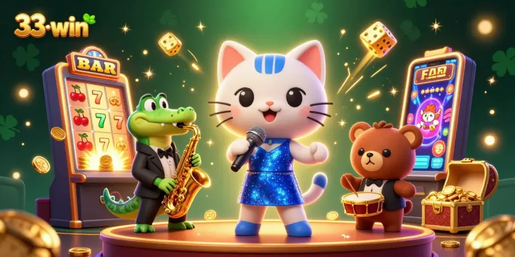 Experience excitement with 33-win's vibrant casino illustration featuring engaging characters and jackpot elements.