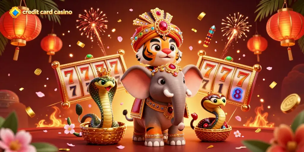 Experience the excitement of a credit card casino with vibrant 3D characters celebrating amid slot machines.