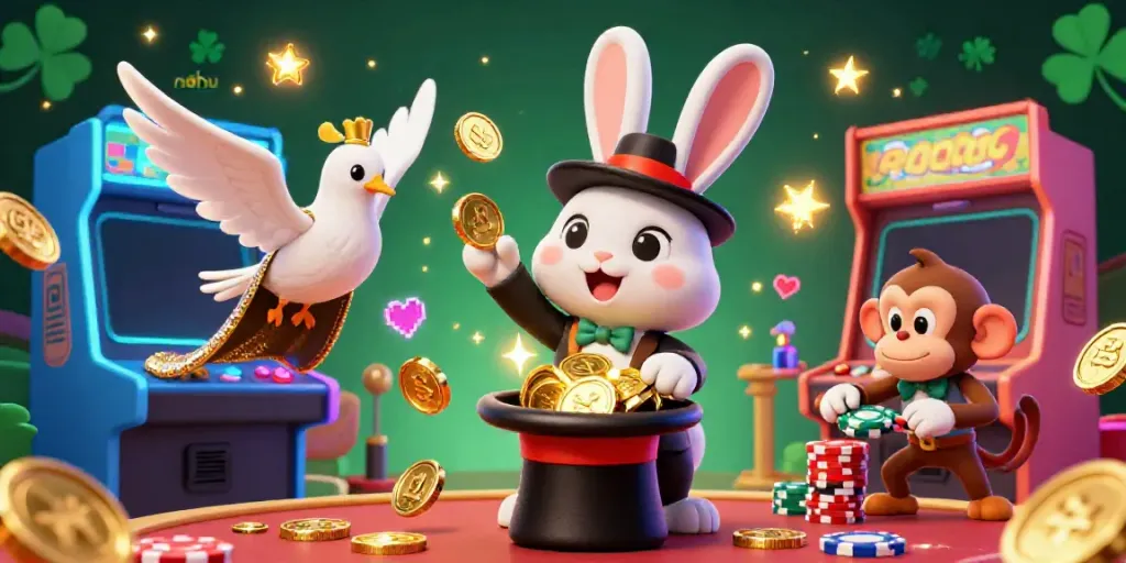 Engage with the vibrant nohu casino world as a magician rabbit pulls gold coins, surrounded by dynamic gaming elements.