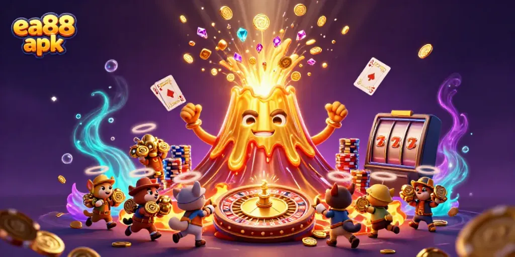 Experience the thrill of winning with ea88 apk, featuring a volcano erupting coins, vibrant treasures, and casino elements.