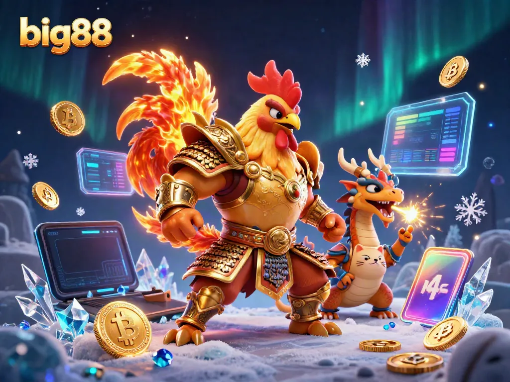 Engage with big88, a dynamic casino scene featuring a rooster warrior, dragon hatchling, and crypto elements.