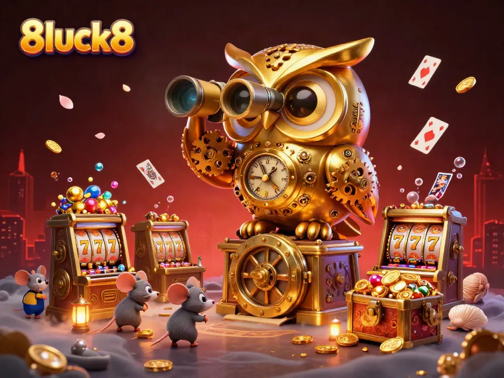 Engage with 8luck8's vibrant casino scene featuring a golden owl and whimsical mouse patrons enjoying slots.