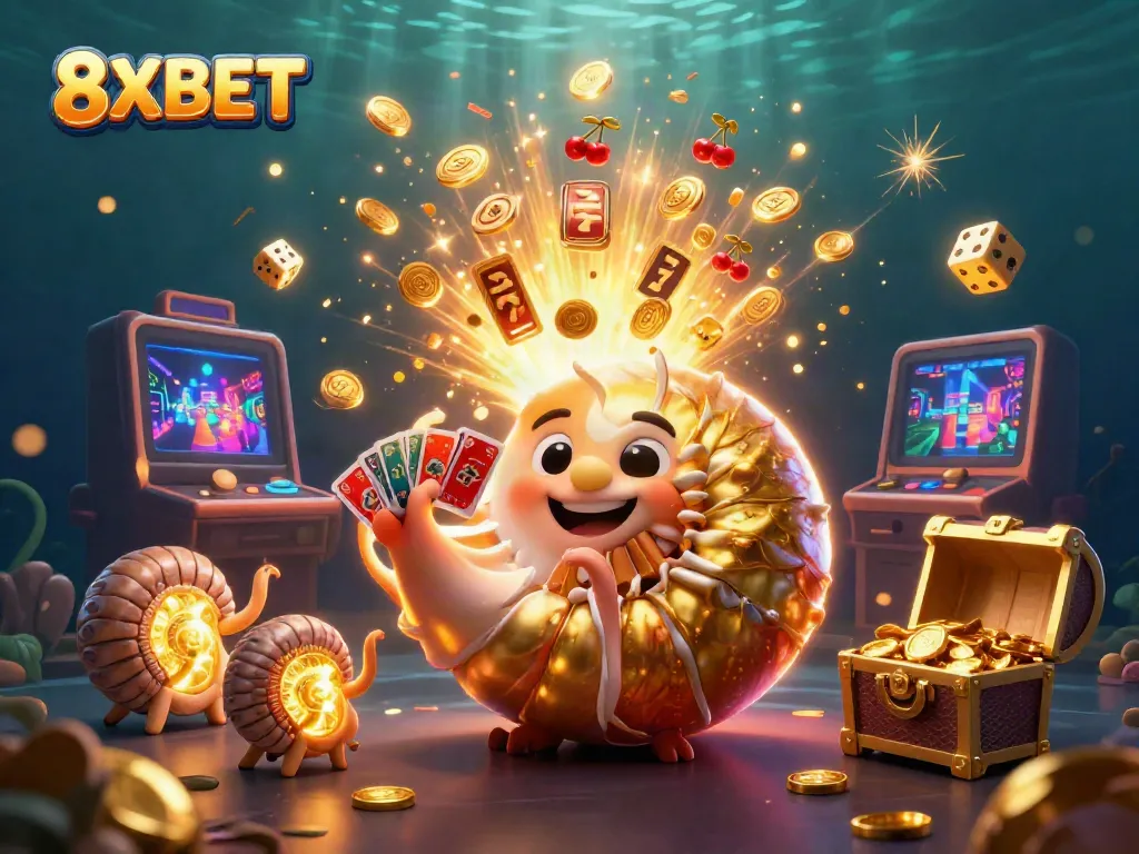 Engage with 8XBET's rich 3D casino scene featuring a giant nautilus roulette and vibrant slot machine action.