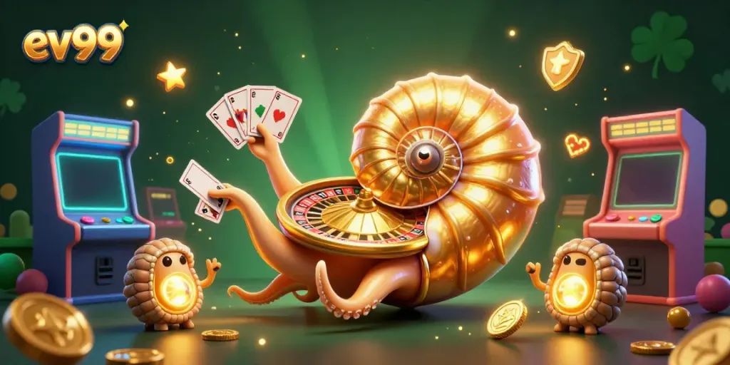 Experience the exciting casino world at ev99 with a giant nautilus roulette and glowing arcade elements.