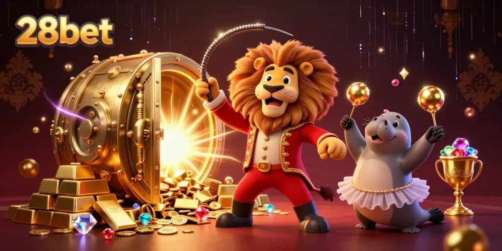 Experience the thrill of 28bet with engaging casino characters and dazzling treasures in a colorful scene.