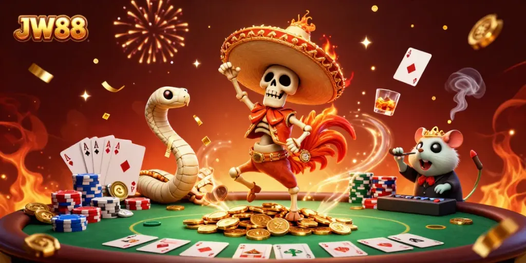 JW88 characters celebrating wins with golden coins and poker elements in a vibrant casino scene