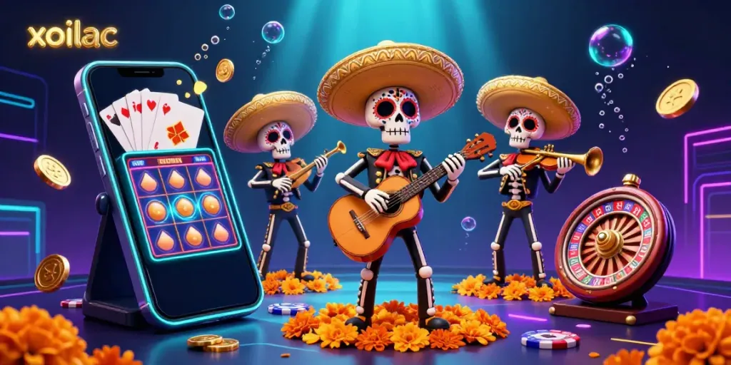 Xoilac casino illustration with mariachi band playing vibrant instruments amid coins and gaming elements.