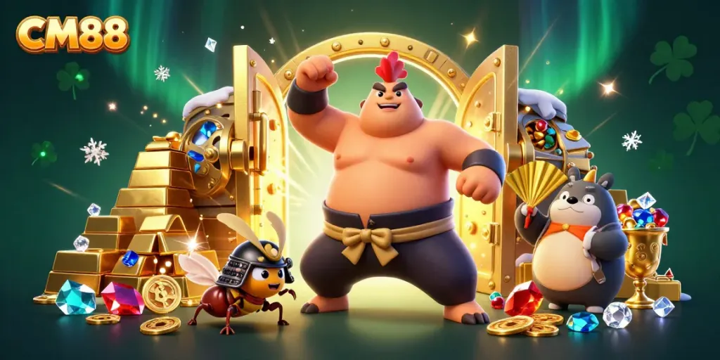 Experience thrilling wins at CM88 with a vibrant scene of a sumo rooster, samurai cricket, and announcer amidst treasure and gems.