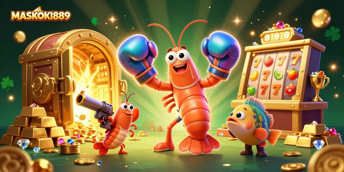 Win big with MASKOKI889 in this vibrant 3D casino scene featuring slots, gold, and gems!