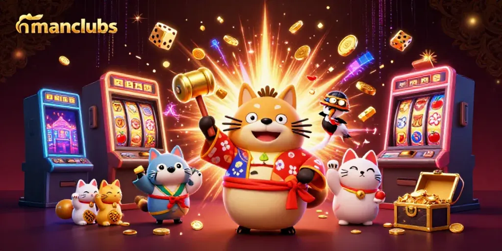 Join the vibrant manclubs scene, featuring cheerful tanuki, crane, and fortune cats surrounded by casino excitement.