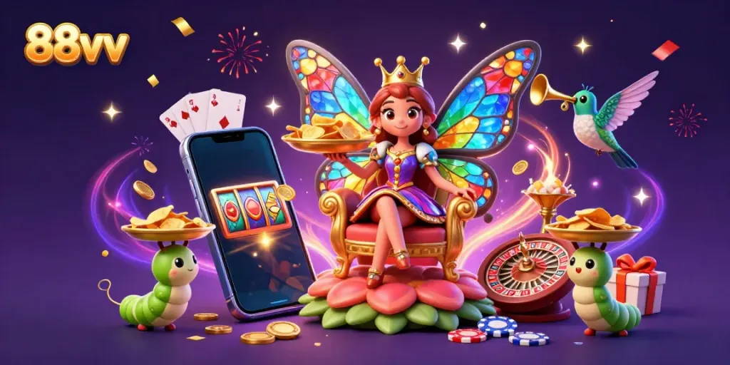 Participate and win big at 88vv with a vibrant illustration of a butterfly queen in a casino realm.