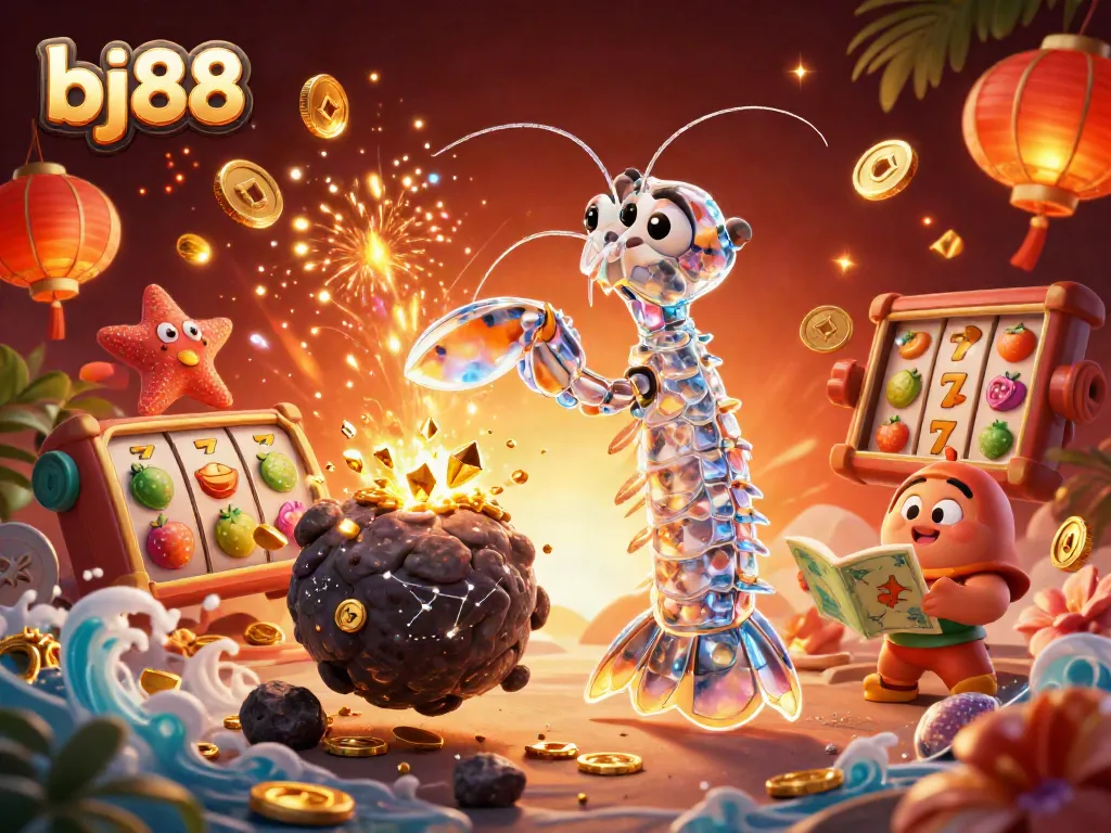 Experience the thrilling action of bj88 with a galactic samurai mantis shrimp battling asteroids, surrounded by slot reels and golden coins.