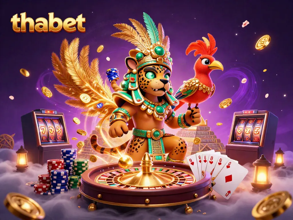 Engage in thrilling games at Thabet with a vibrant 3D casino scene showcasing winning combinations.