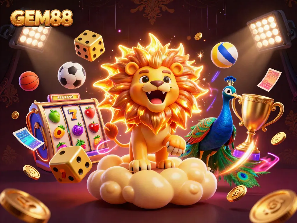 Engage with GEM88’s vibrant casino scene featuring a roaring sun lion amid colorful game elements.