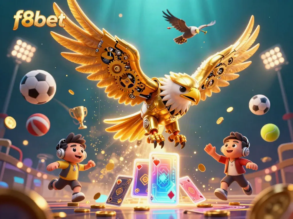Experience thrilling action with f8bet featuring a cybernetic golden eagle diving through holographic cards in a vibrant casino setting.