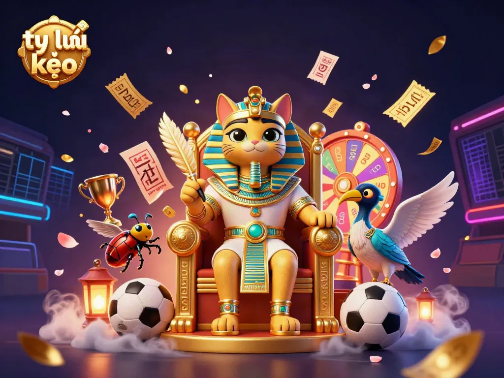 Experience the excitement of tỷ lệ kèo with a dynamic scene featuring a pharaoh cat and sports elements.