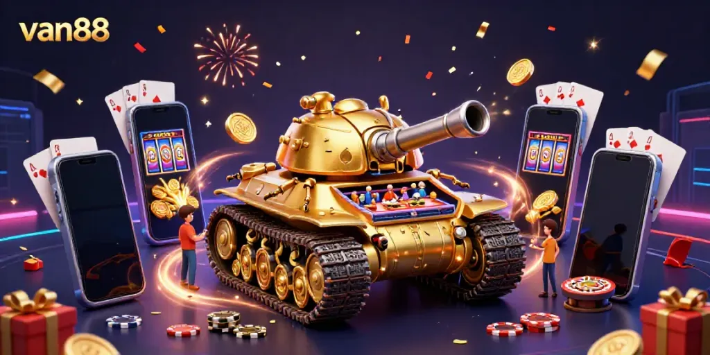 Experience the excitement of van88 with a vibrant 3D casino illustration filled with dynamic gaming elements.