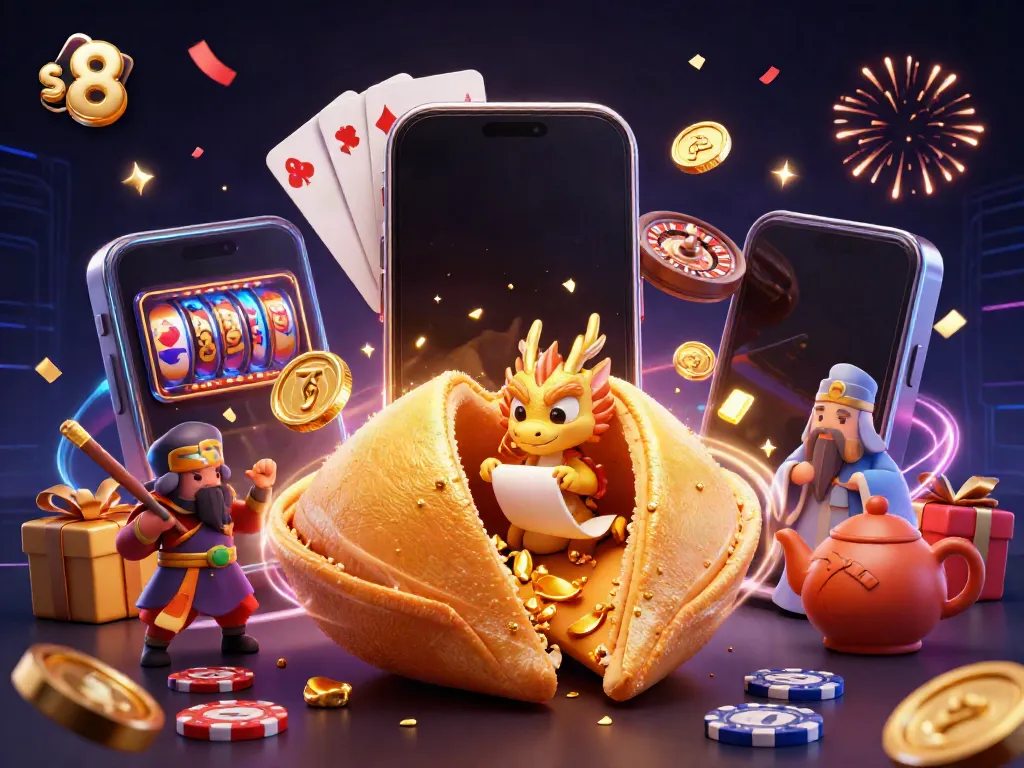 Experience the excitement of gaming with s 8 featuring a dynamic scene of fortune cookie characters and casino elements.