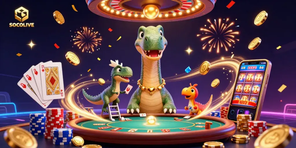 Engage with SOCOLIVE's vibrant 3D casino scene featuring playful characters and thrilling game elements.