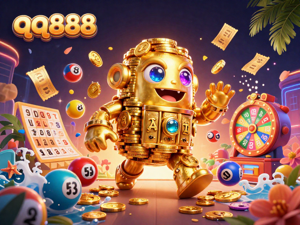 Experience thrilling wins with qq888 in this vibrant 3D casino scene featuring a golden golem.