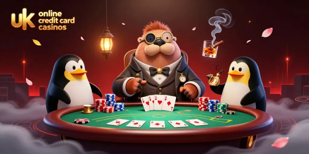 Play poker at UK online credit card casinos with a quirky 3D walrus and friends having fun.