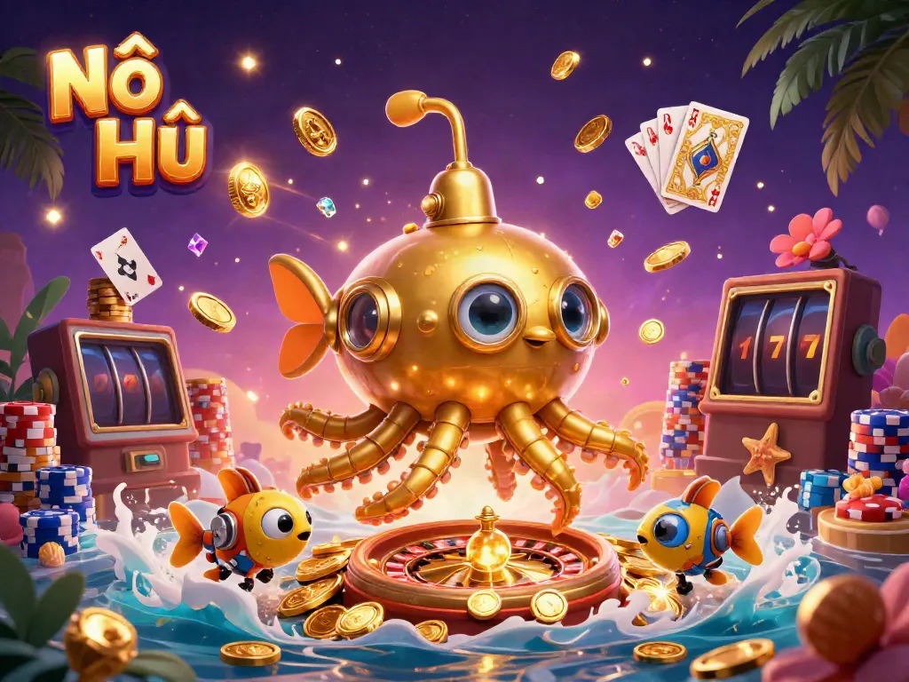 Nổ Hũ game scene with golden kraken submarine, coins flying, and festive casino elements