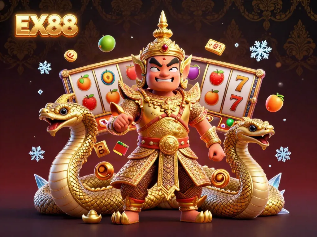 Experience the thrill of gaming with EX88, featuring a lively guardian and slot game elements.