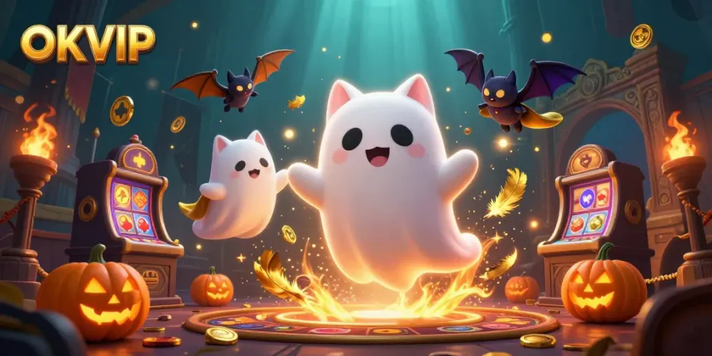 Ghost cat and vampire bat play in the haunted casino landscape of OKVIP, surrounded by glowing poker-themed jack-o-lanterns.