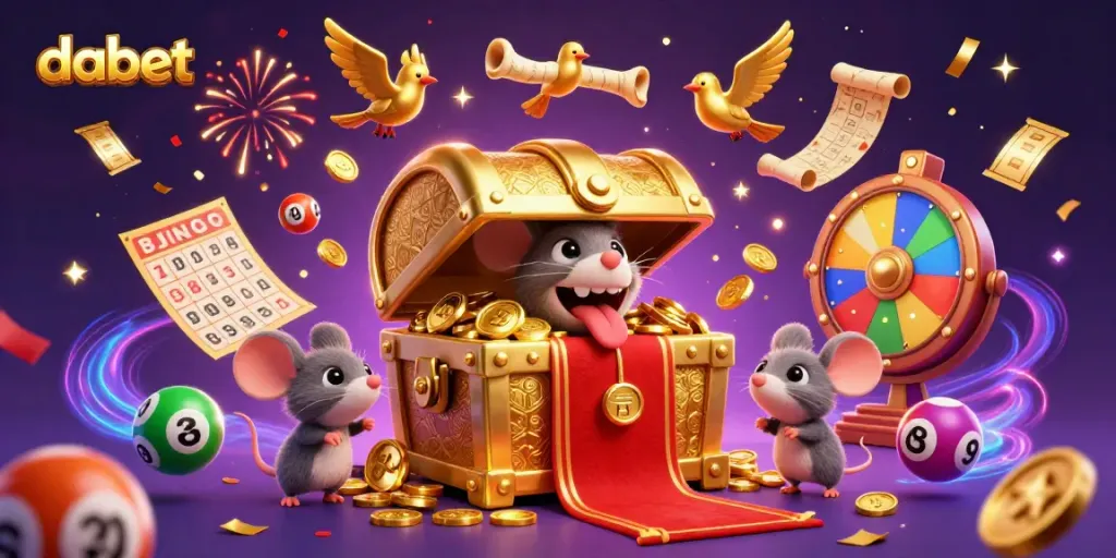 Engage with the thrilling dabet gaming scene, featuring a animated treasure chest and dynamic lottery elements.