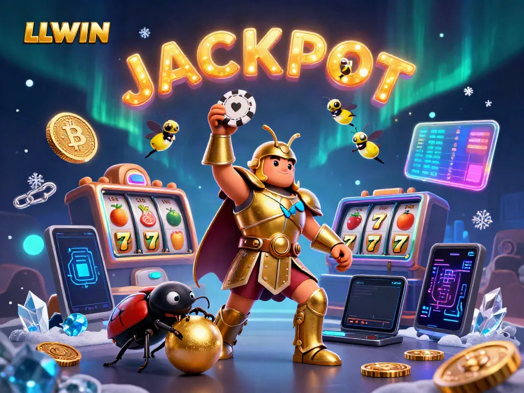 Experience the thrilling wins of LLWIN in a vibrant casino scene with a heroic beetle character.