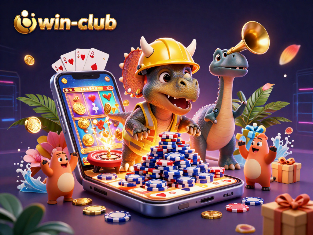 The iwin-club showcases exciting gaming scenes with a triceratops building poker chips amid dynamic slot games and celebration.