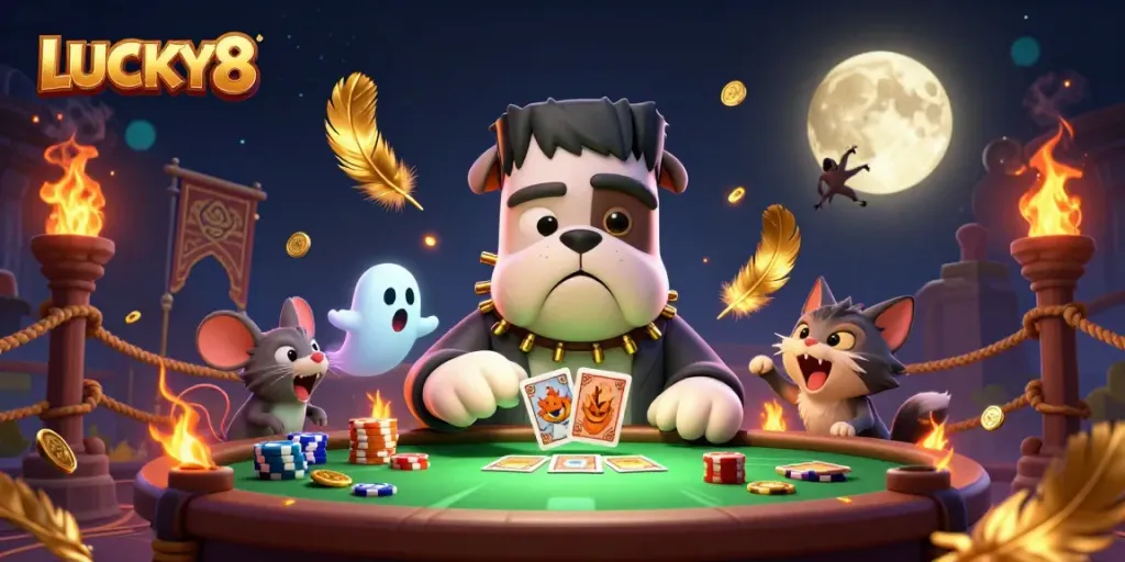 LUCKY8 unleashing excitement with a lively 3D casino scene featuring unique characters at a gaming table.